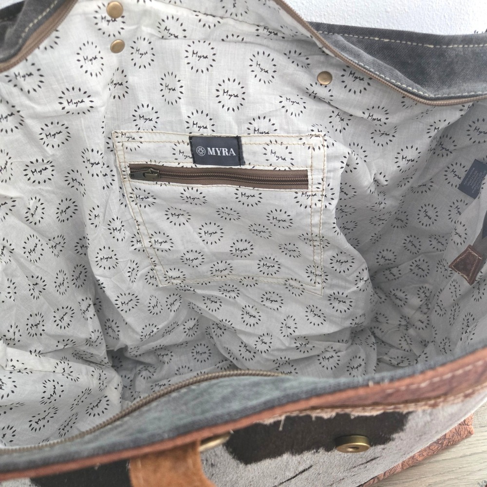 Myra Asher Weekender Bag Upcycled Canvas Hairon Leather Large Bag Boho Tote NWT - Picture 6 of 14